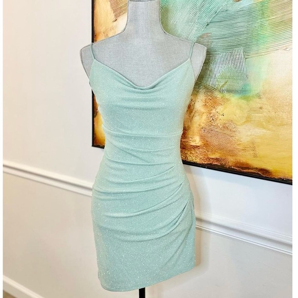 Sparkle Glitter Sea foam Green mini bodycon dress cowl neckline size small - Picture 1 of 8